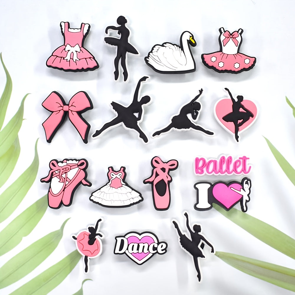 16pcs Ballet Dance Charms Set Plastic Pink Shoes White Swan Pendants Dress Decorations