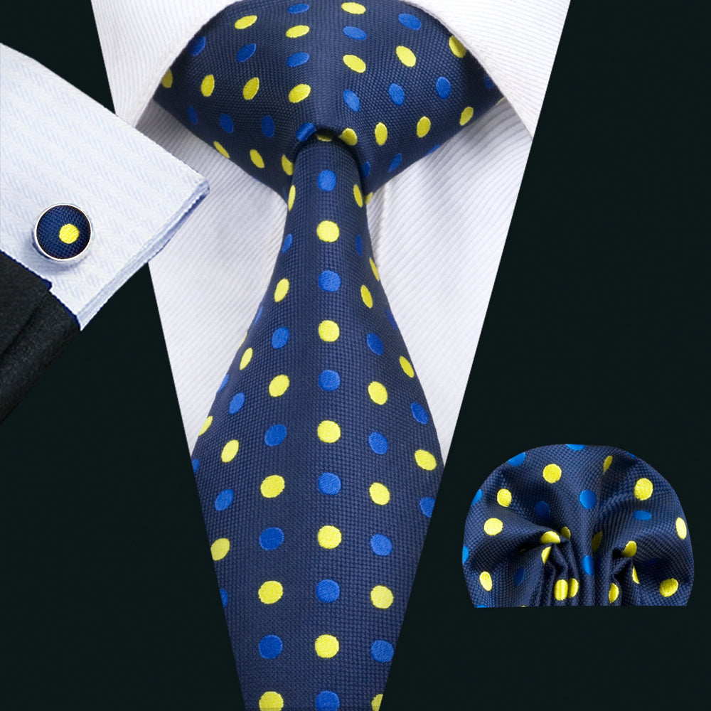 Men's Accessories Set Polka Dot Necktie Pocket Square Cufflinks Gift