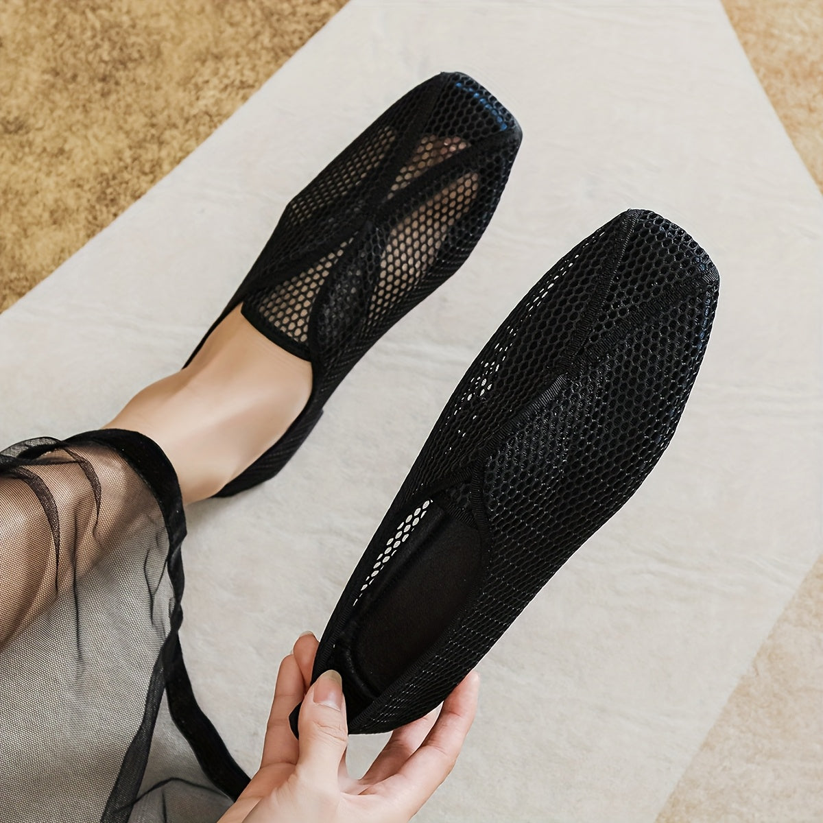 Women's Mesh Mary Jane Flats Slip-On Comfort Shoes with Square Toe