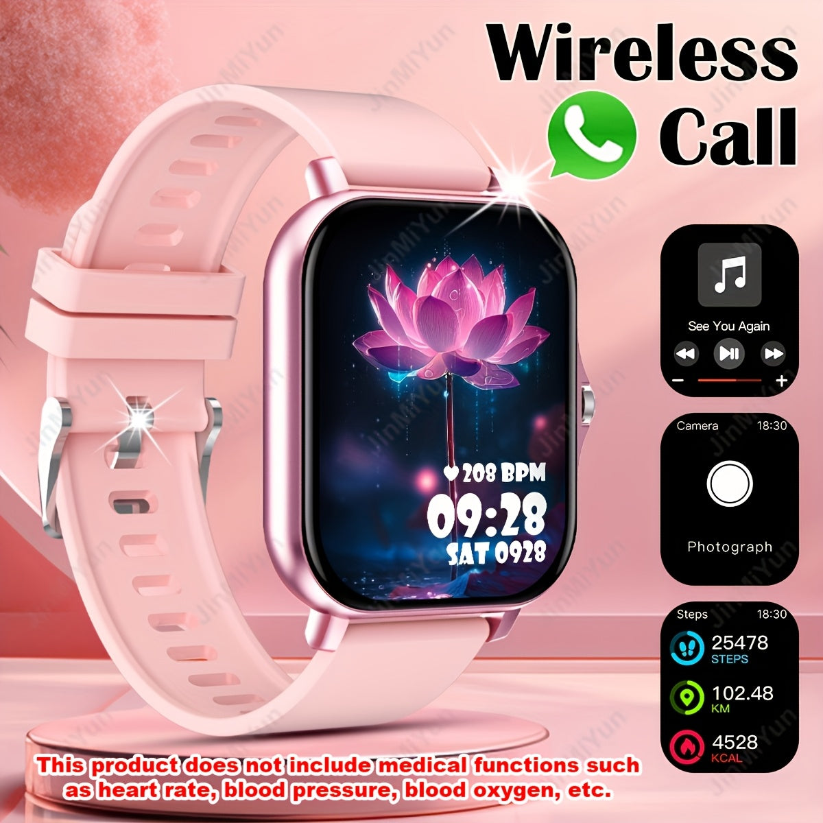 Pink 4.65cm Full Touch Screen Smartwatch for Men Women Wireless 5.0 Multi-Sport
