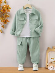 Boys' Casual Corduroy Co-Ord Set with Long Sleeve Shirt and Jogger Pants for Spring and Fall