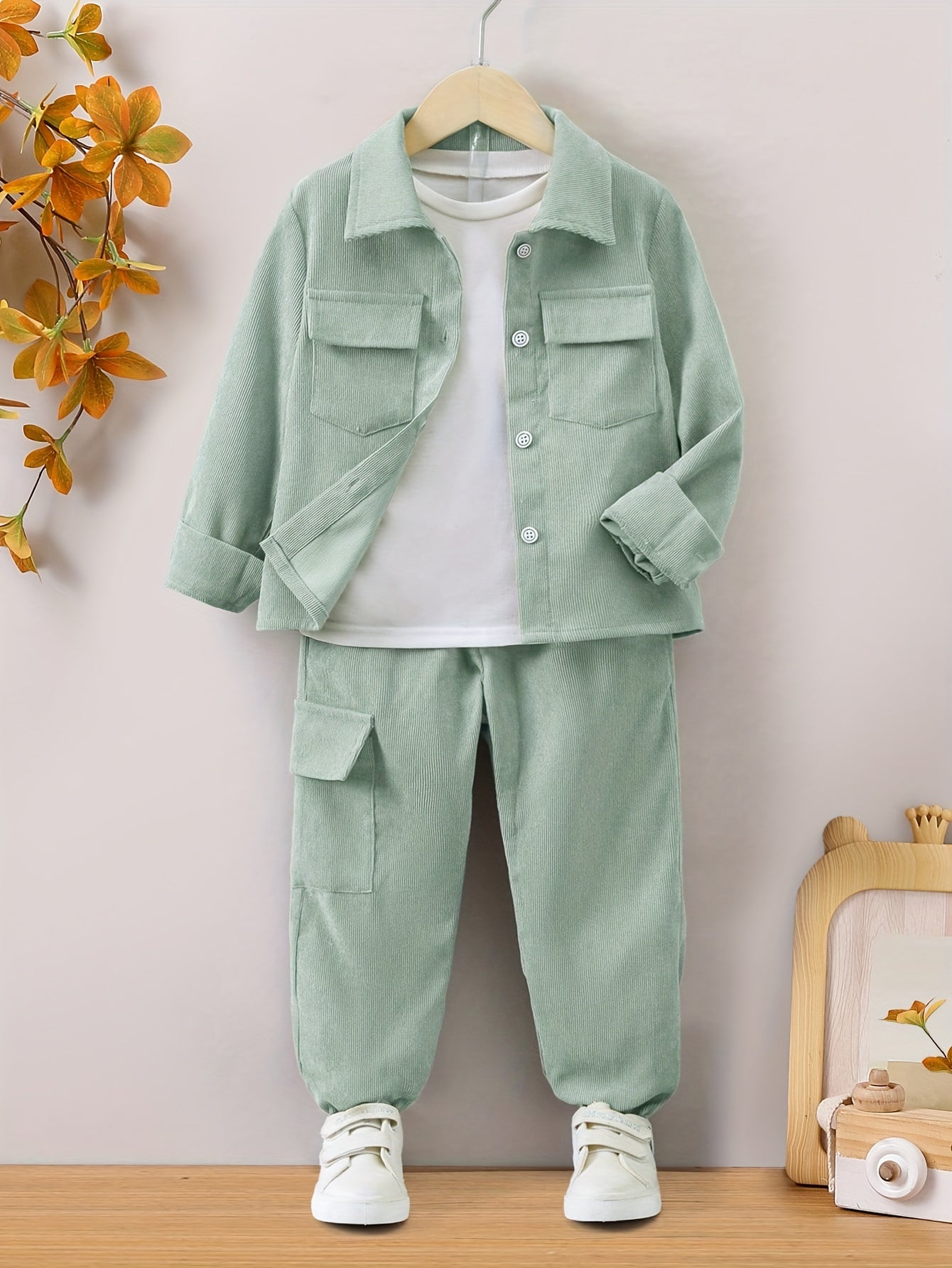 Boys' Casual Corduroy Co-Ord Set with Long Sleeve Shirt and Jogger Pants for Spring and Fall