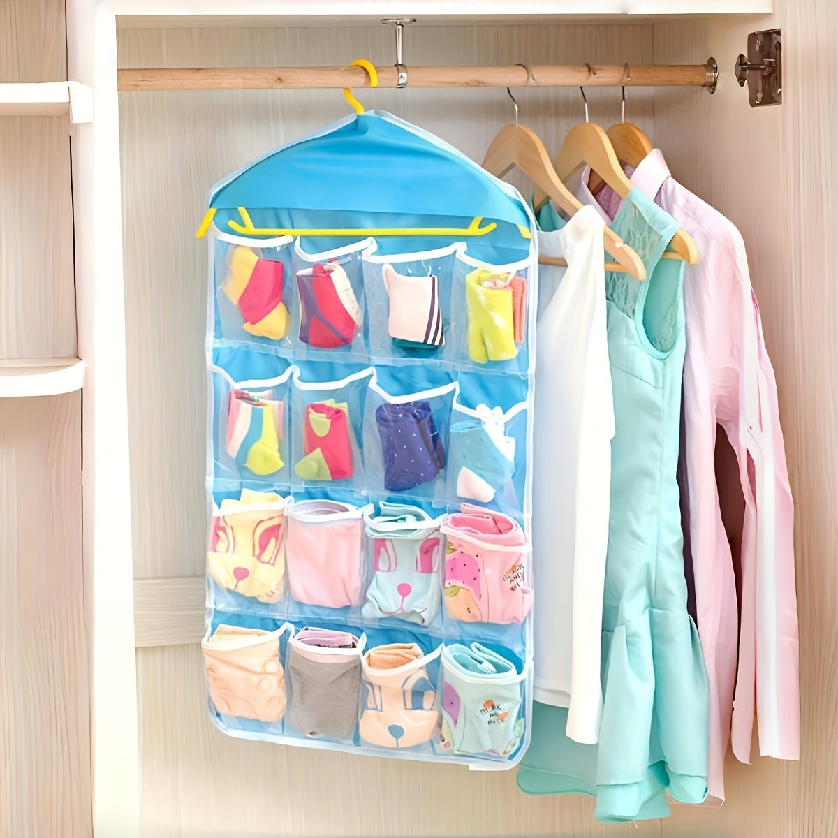 Vibrant 16-Pocket Hanging Organizer for Socks Underwear and Small Items Polyester Mesh