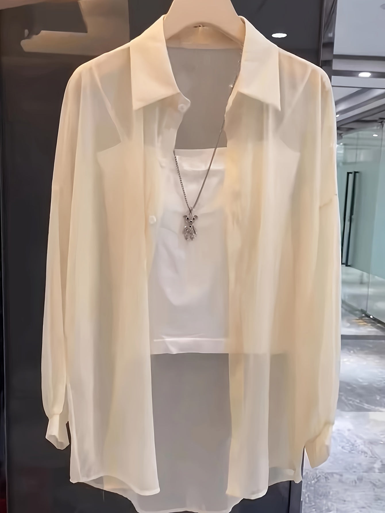 Camisa de manga larga transparente para mujer con botones, primavera y otoño, poliéster sólido, casual