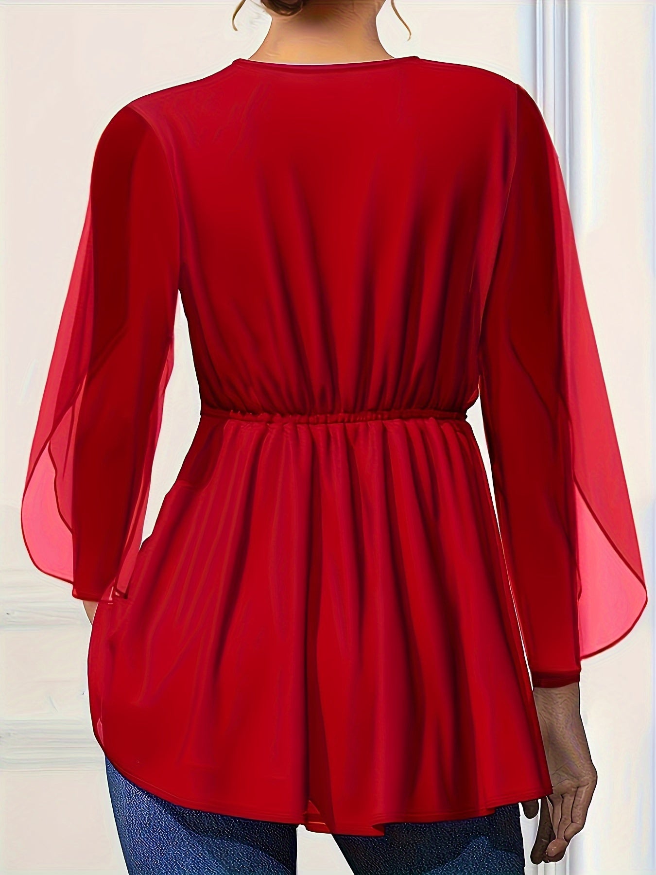 Women's Chiffon V-Neck Blouse with Cinched Waist Long Sleeve Solid Color