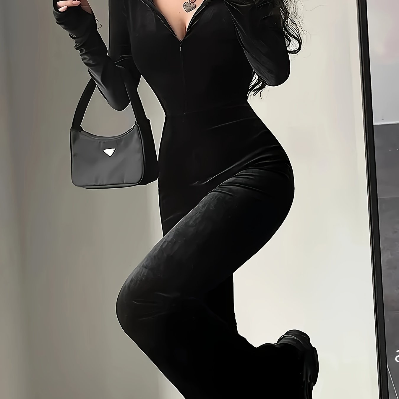 Women's Zipper Front Jumpsuit Hooded Long Sleeve Casual Fall Spring Knit Polyester Solid