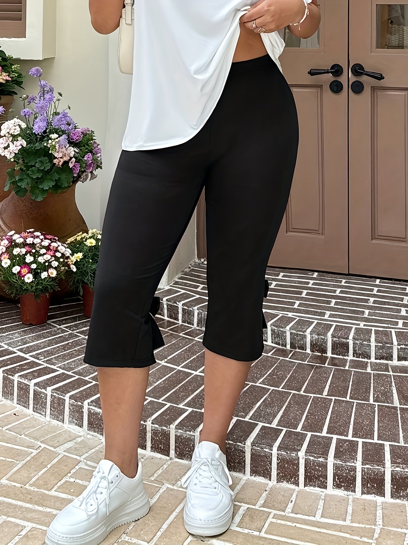 Леггинсы капри для йоги с высокой талией для полных женщин, контроль живота, черные