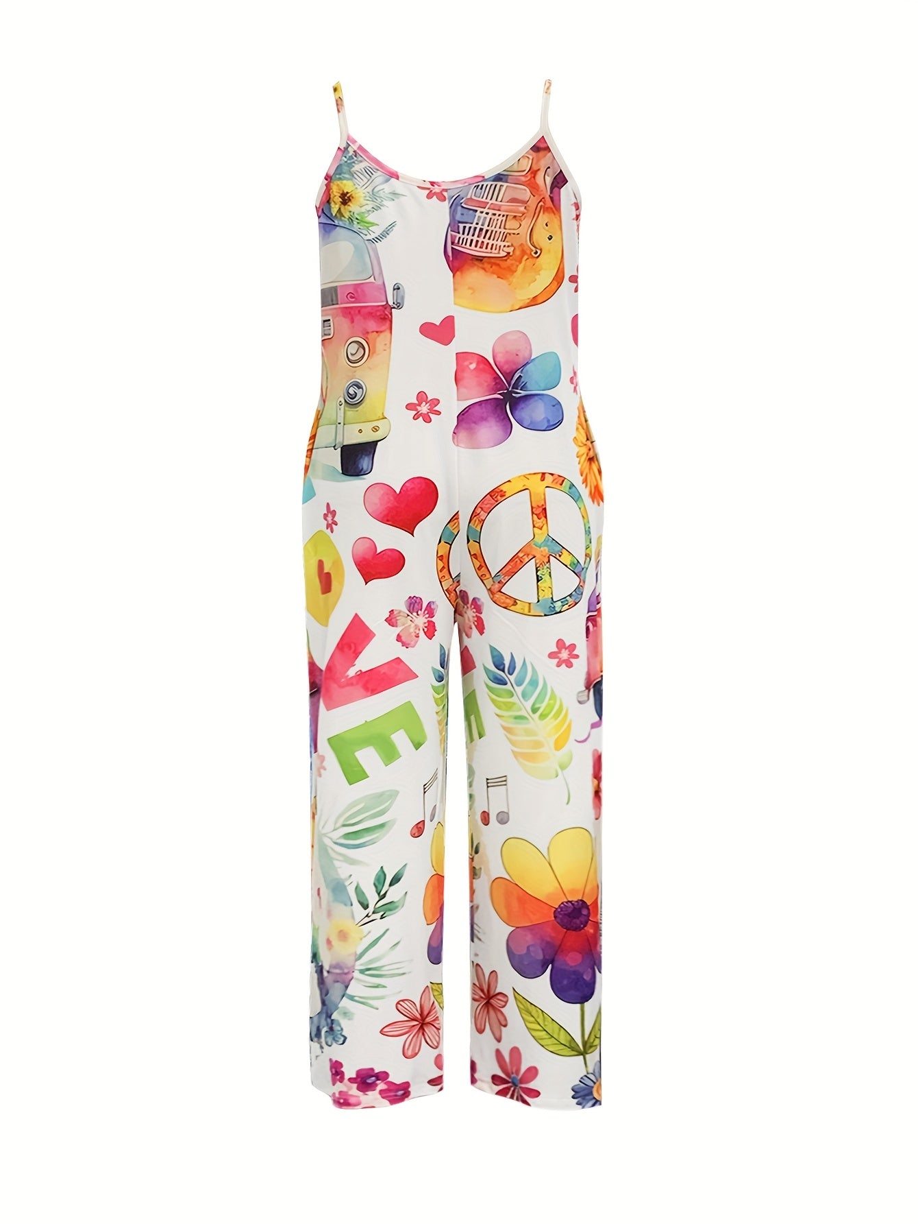 Women Plus Size Hippie Print Sleeveless Jumpsuit with Floral and Peace Sign Pattern