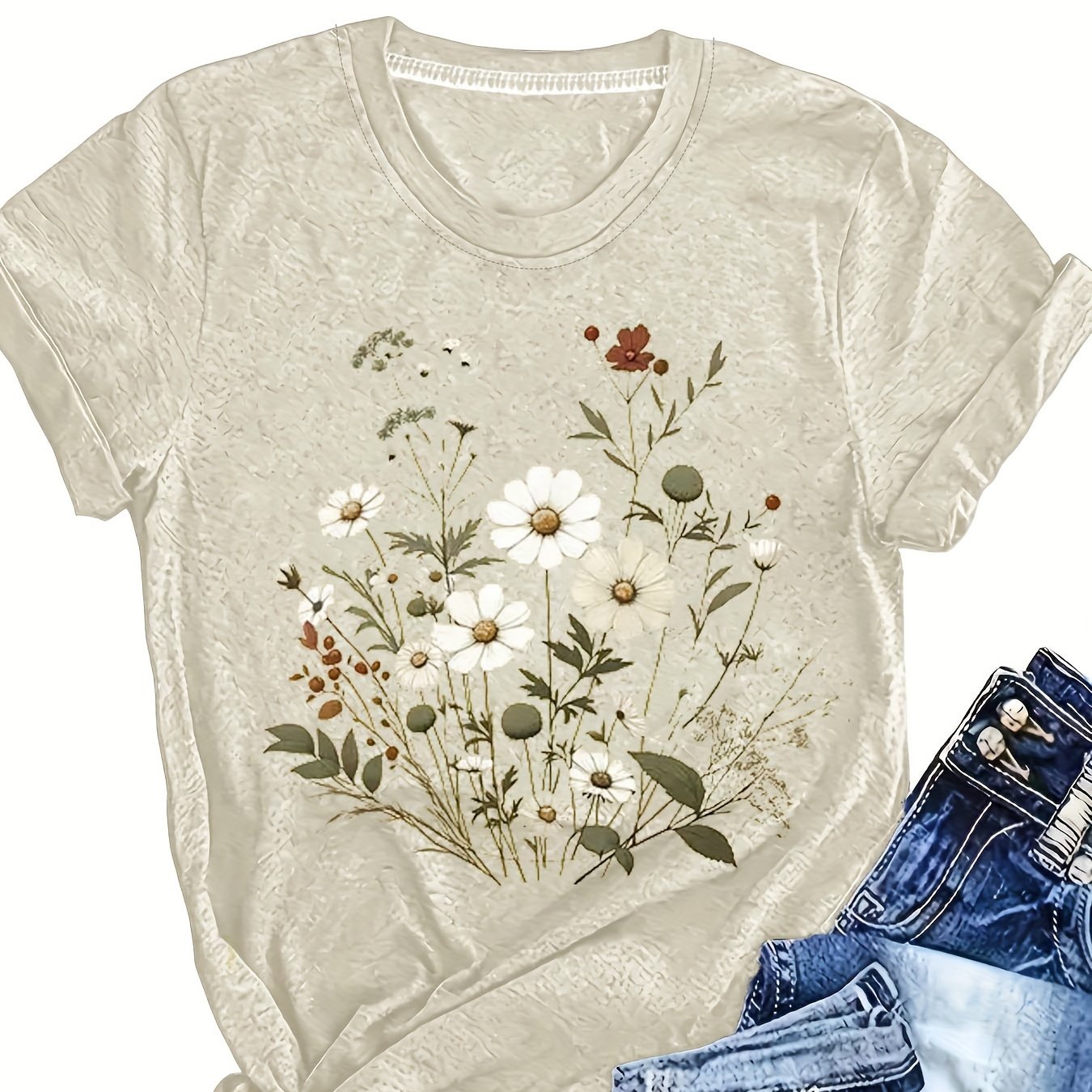 Women’s Floral Print T-Shirt Soft Polyester Round Neck Short Sleeve Summer Top