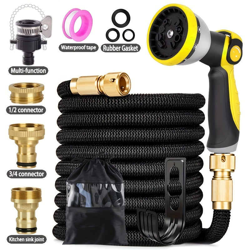 Expandable Garden Hose with 10 Nozzles Rubber Polyester All-Season Non-Tangle Portable for Patio