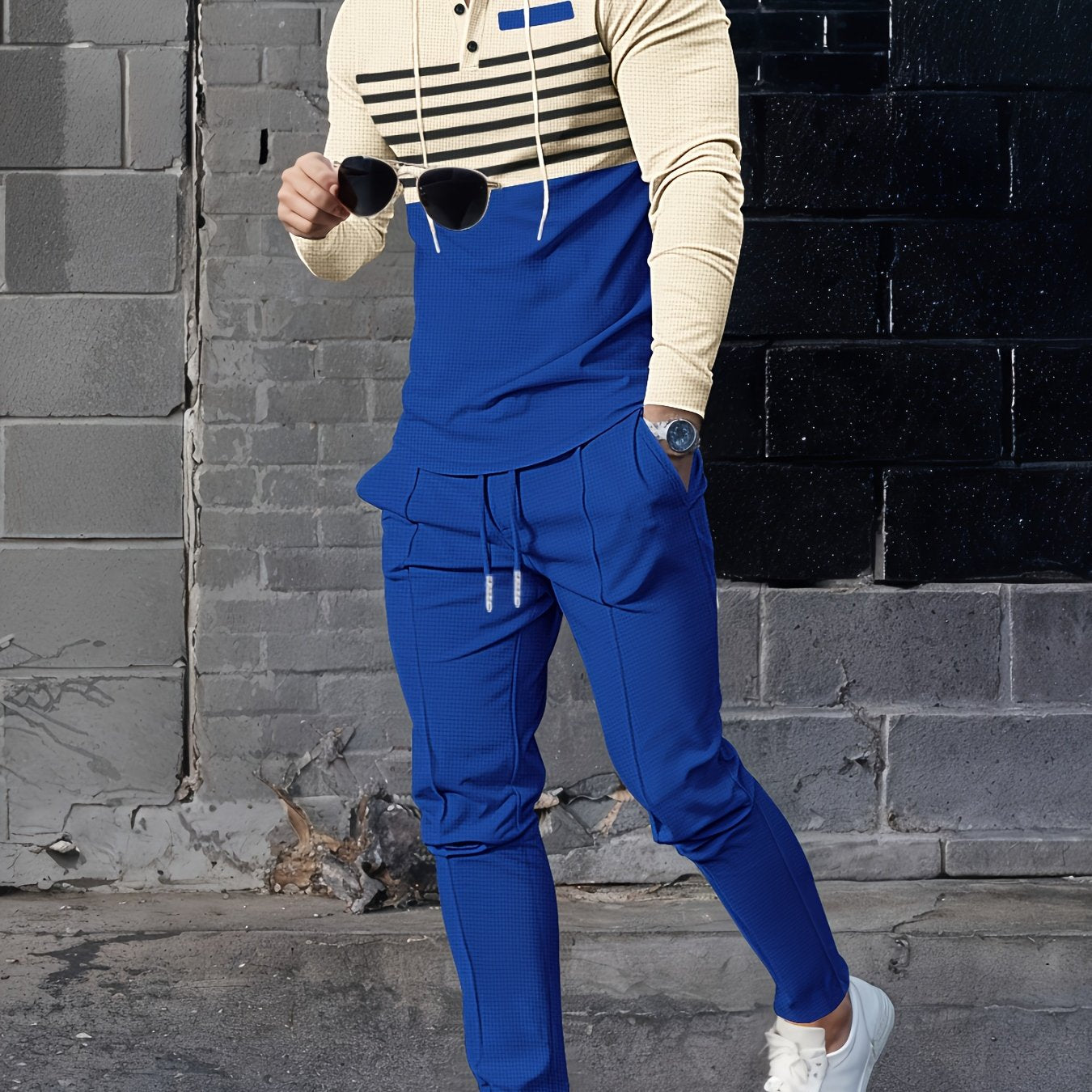 Autumn Waffle Striped Hooded Tracksuit Set for Outdoor Sports and Casual Wear
