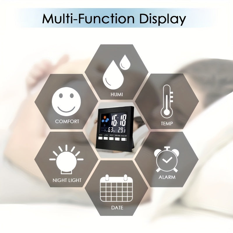 Digital Weather Station Indoor Temperature Humidity LCD Alarm Clock Calendar Voice Control Battery Powered