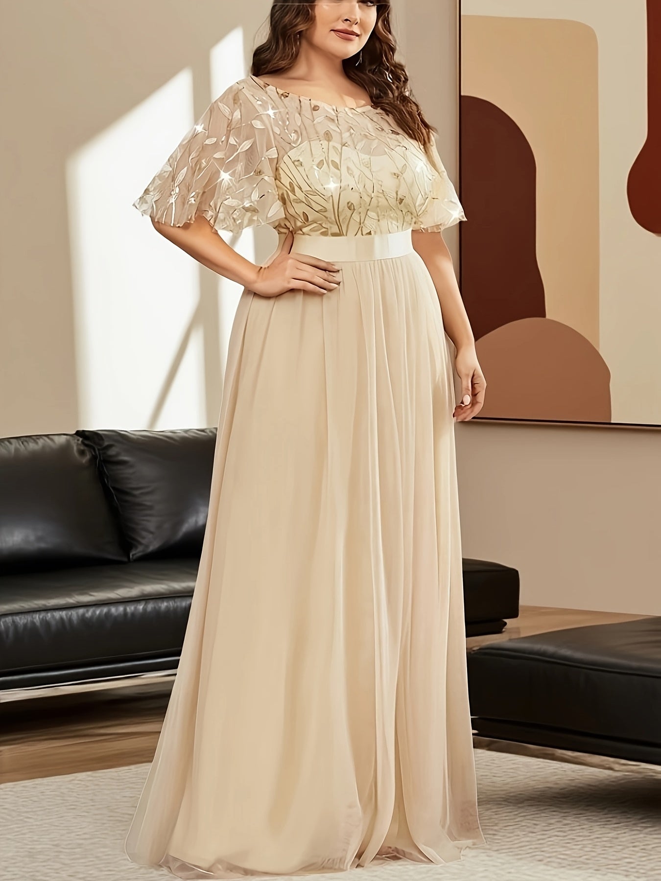 Plus Size Evening Gown Floral Embellished Long Sleeveless A-Line Dress for Weddings