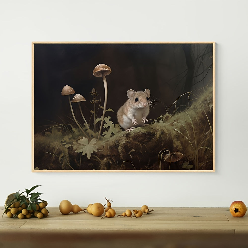 Canvas Wall Art Featuring Mouse and Mushrooms Forest Oil Painting Print 30x40 cm