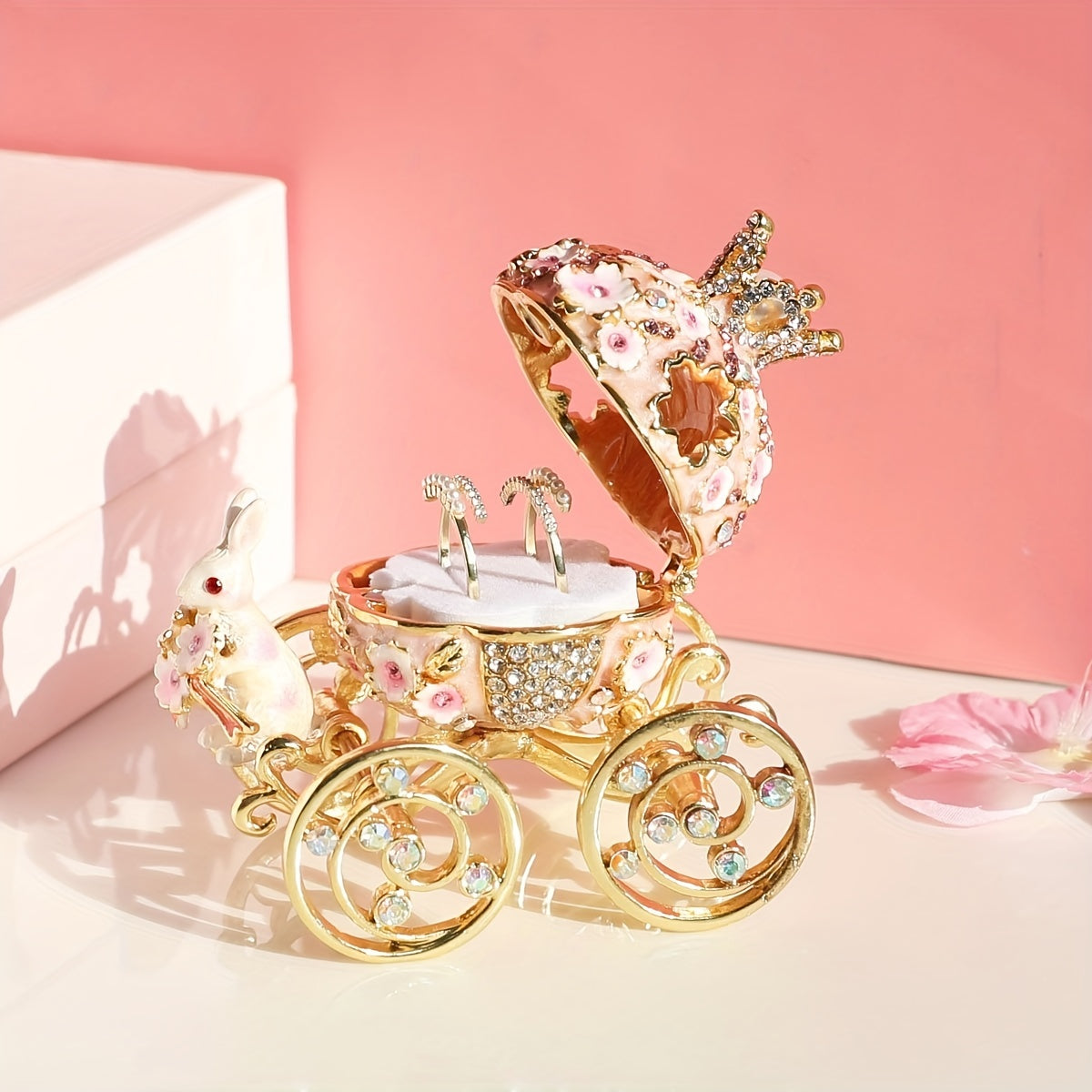 Pink Cherry Blossom Rabbit Jewelry Box Enamel Alloy with Magnetic Closure and Crystal Ring Holder