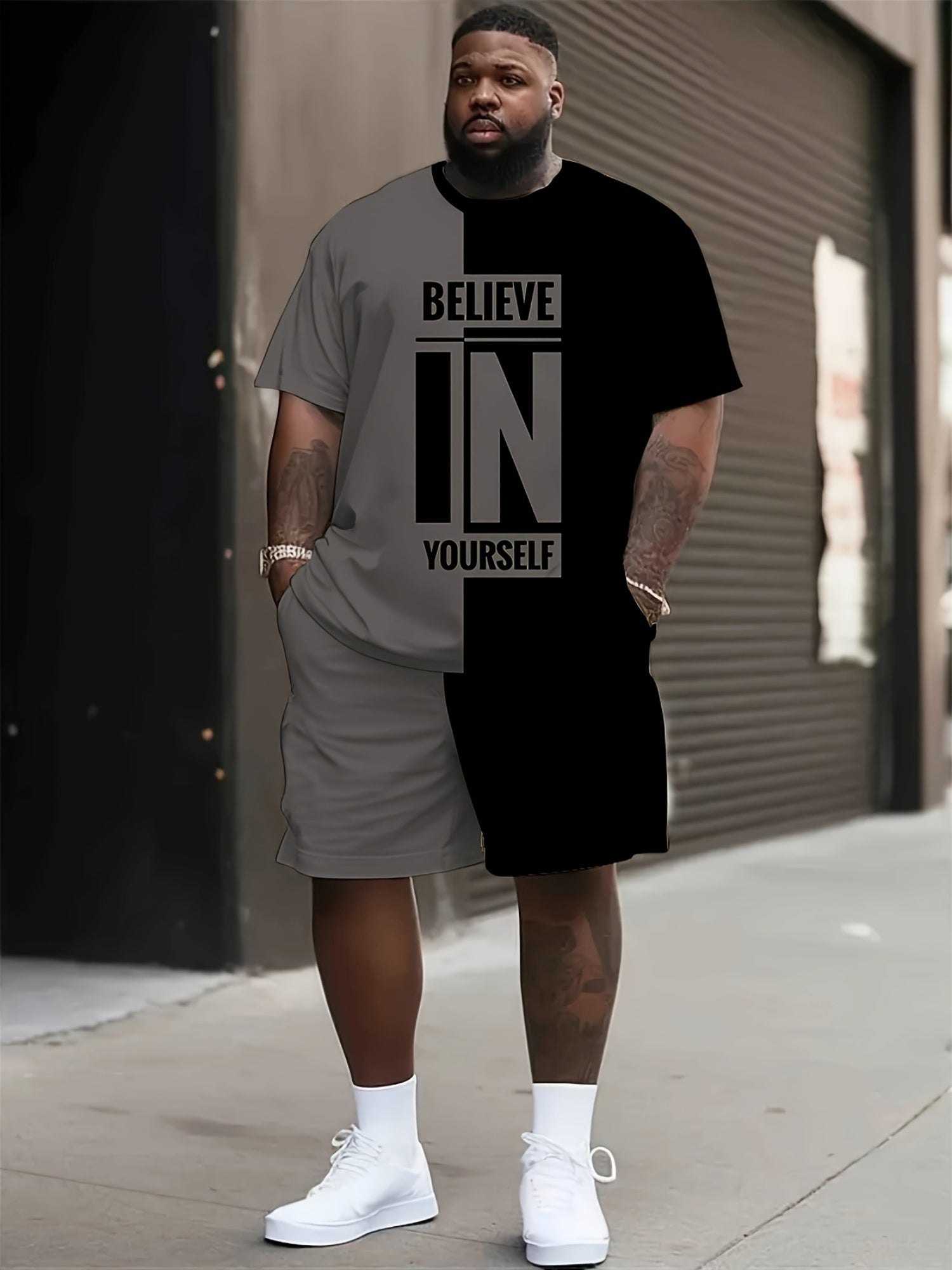 Plus Size Men's Summer Set with Printed T-Shirt and Shorts