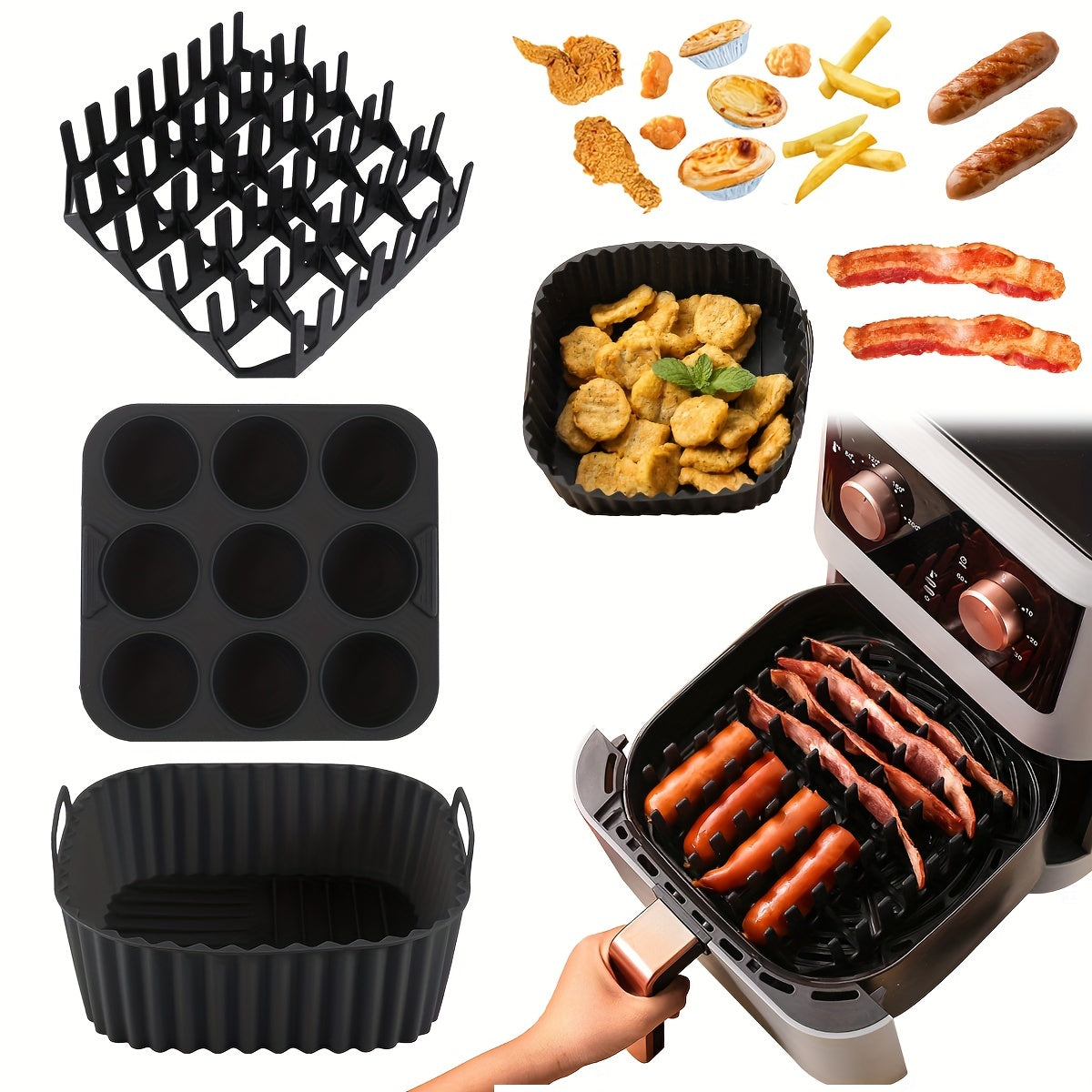 Square Silicone Air Fryer Accessories Set with Bacon Rack Cake Mold and Liner Black