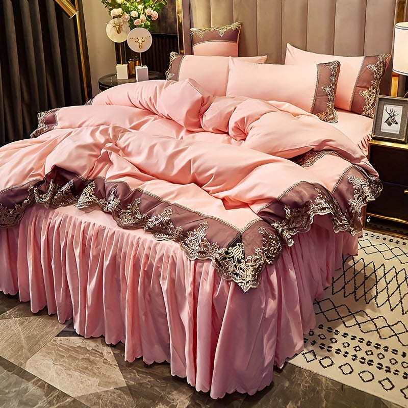 Европейский комплект постельного белья с кружевом и ворсом, 2/3 предмета, однотонное, наволочки, чехол на пуховик, моется в машине