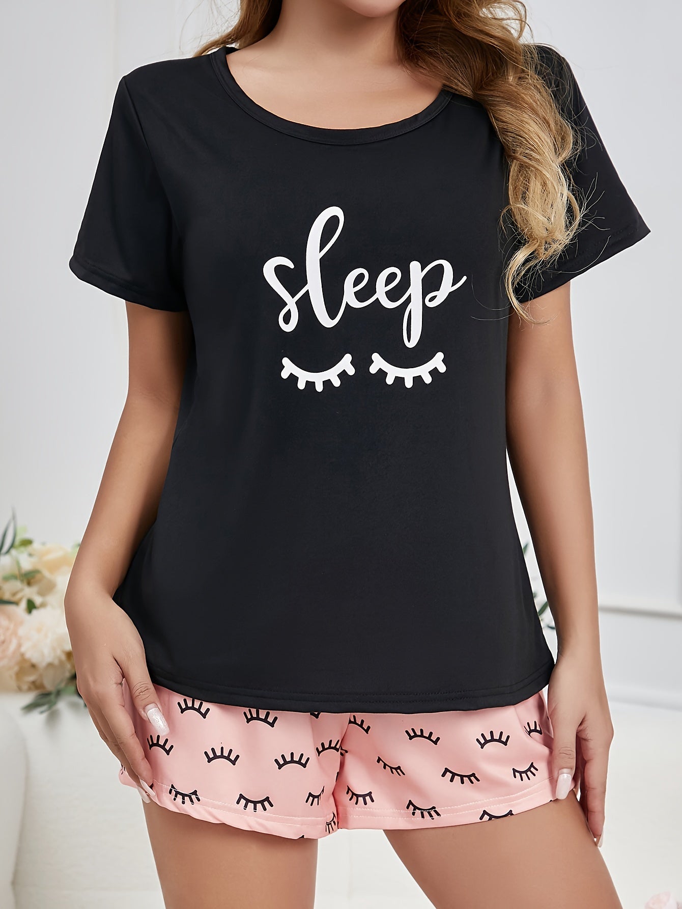 Women's Loungewear Set Short Sleeve Crew Neck Polyester Micro Elastic Print Casual