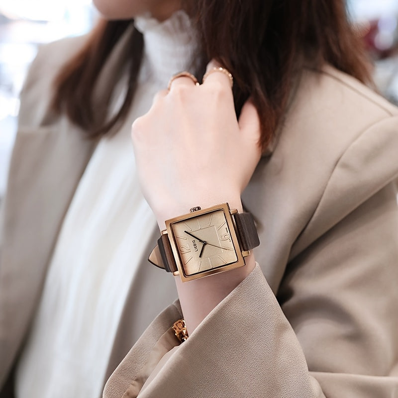 Women's Large Square Quartz Watch with Analog Dial and PU Leather Strap
