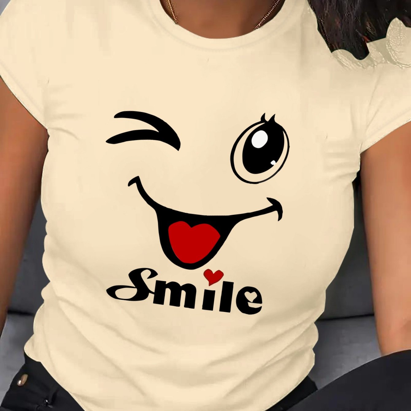 Plus Size Women's Cartoon Face T-Shirt Breathable Short Sleeve Crew Neck