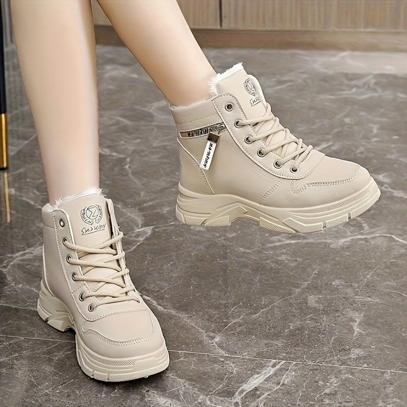 Women's Fleece-Lined Ankle Boots Beige Synthetic Casual Cold Weather