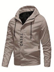 Men's All-Season Hooded Polyester Sports Jacket with Embroidered Details
