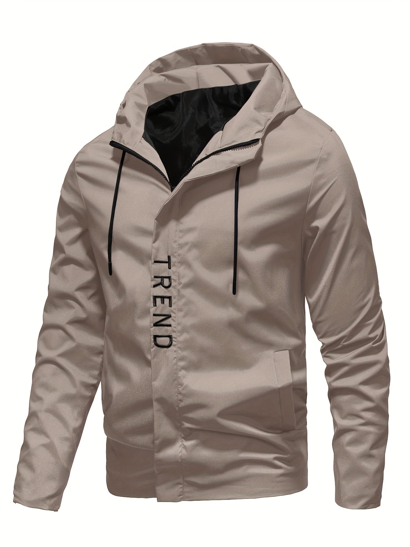 Men's All-Season Hooded Polyester Sports Jacket with Embroidered Details