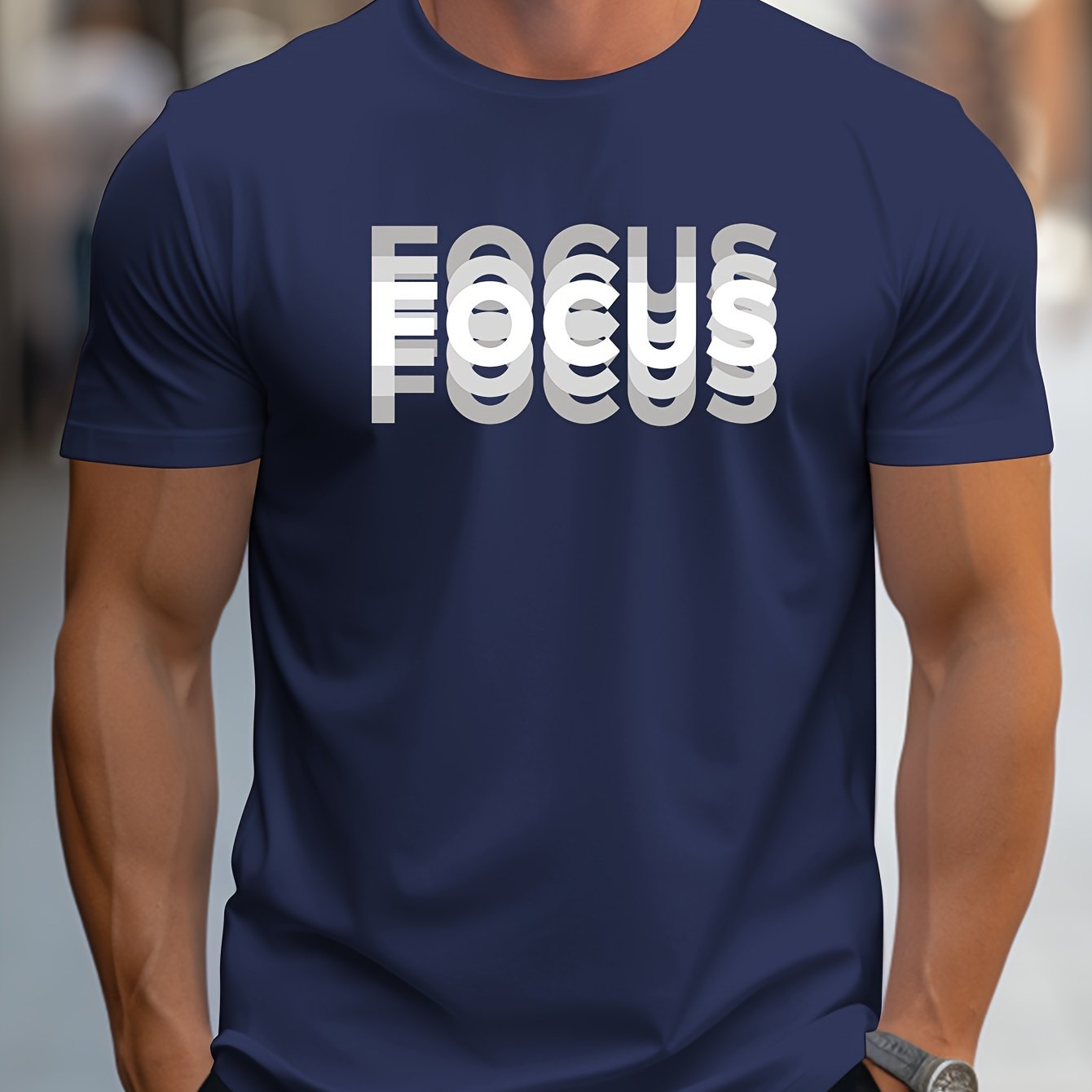 MBDMBD Erkaklar uchun Zamonaviy Harf Bosma T-Shirt, Oq rangda "FOCUS" Dizayni bilan. 180g/㎡ Polyester Aralashmasidan tayyorlangan.