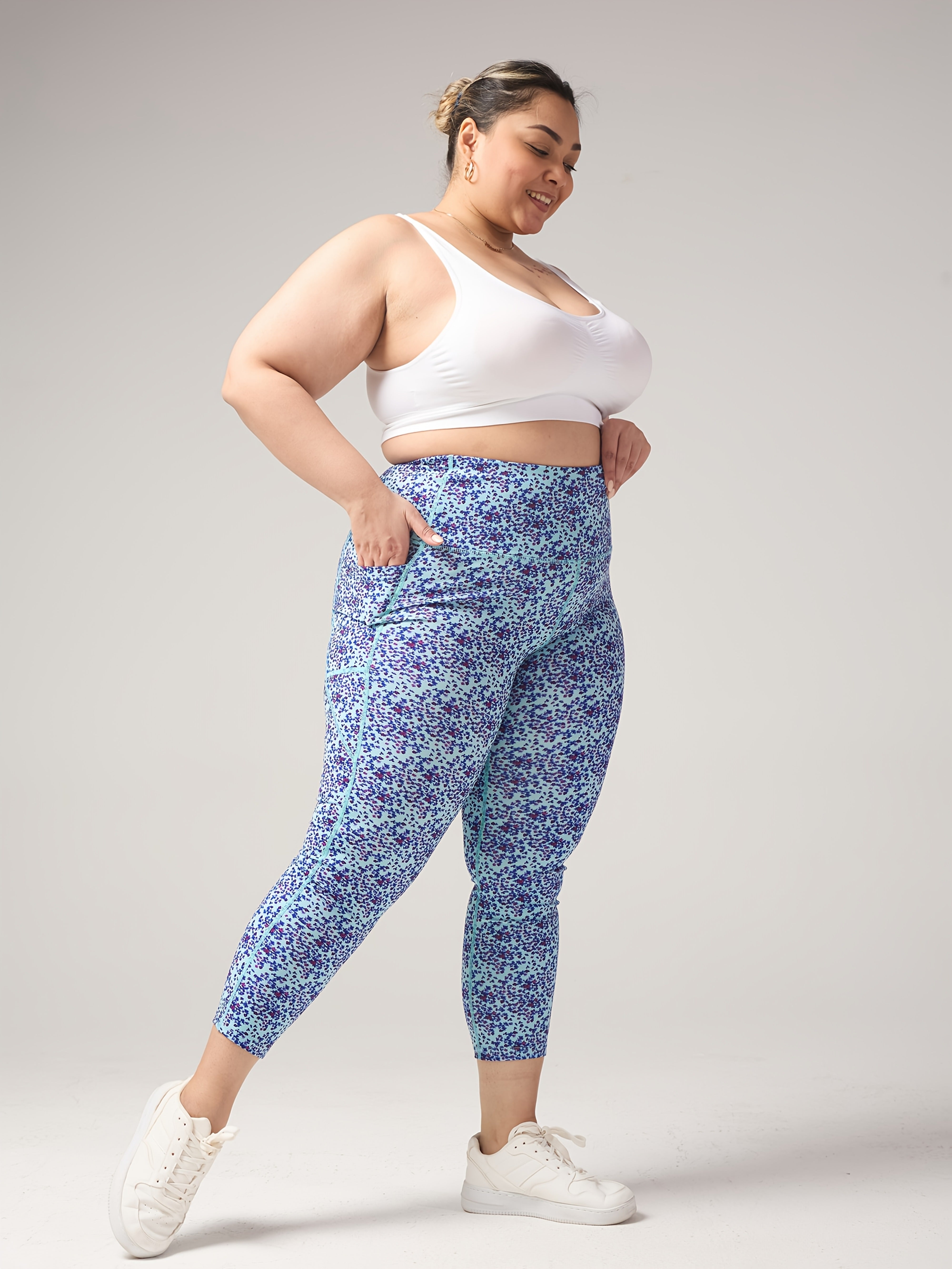 Plus-Size Floral Cropped Pants for Women High-Waisted Tummy Control