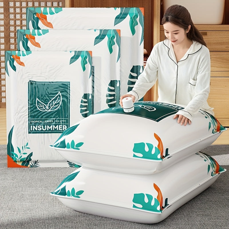 Bolsa de almacenamiento con compresión al vacío con patrón de hojas para ropa de cama, ropa, chaquetas de plumas, rectangular, manual, extracción de aire