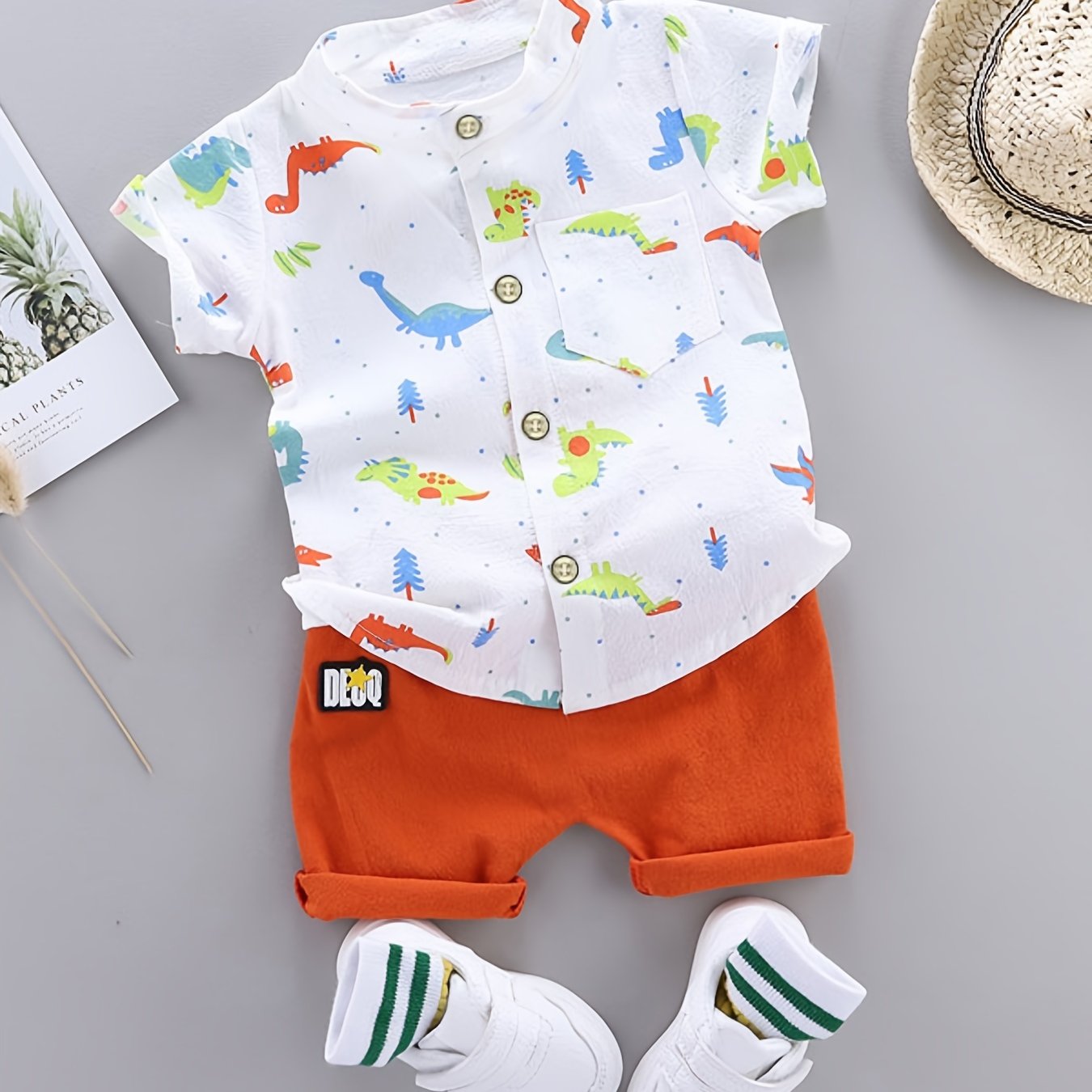 Toddler Boys' Cotton Dinosaur Print Short Sleeve Shirt and Elastic Waist Shorts Set