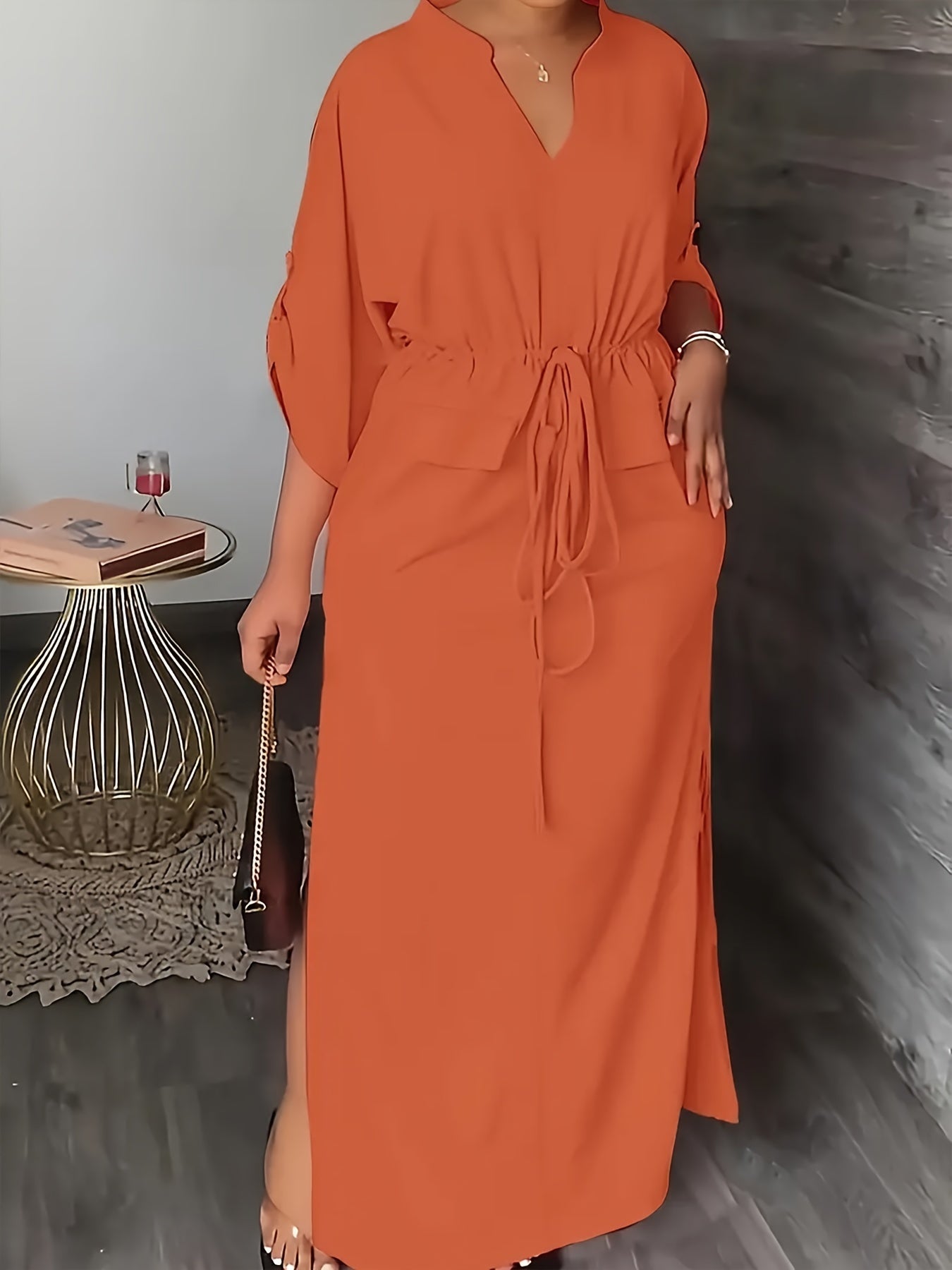 Women's Polyester Split Dress Crew Neck Solid Color Elegant Tunic