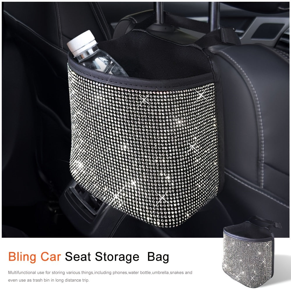Car Back Seat Organizer With Rhinestones White Storage Bag Car Trash Holder