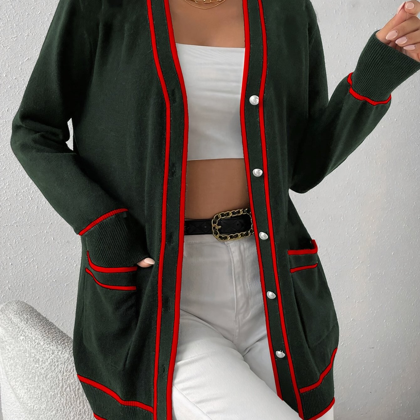 Plus Size Black White Cardigan Sweater with Pearl Buttons for Women