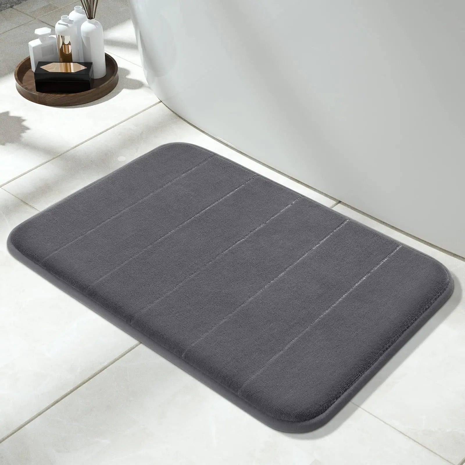 Dark Gray Polyester Bath Mat Non-Slip Plush Rectangular Machine Washable