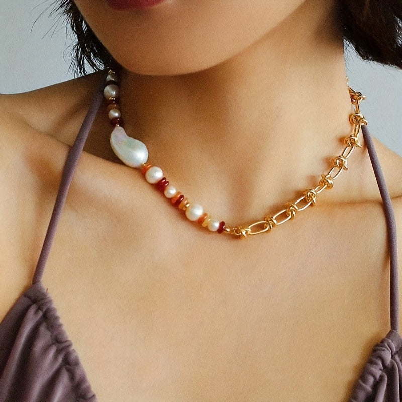 Handcrafted Beaded Necklace with Freshwater Pearls and Colorful Chain for Women
