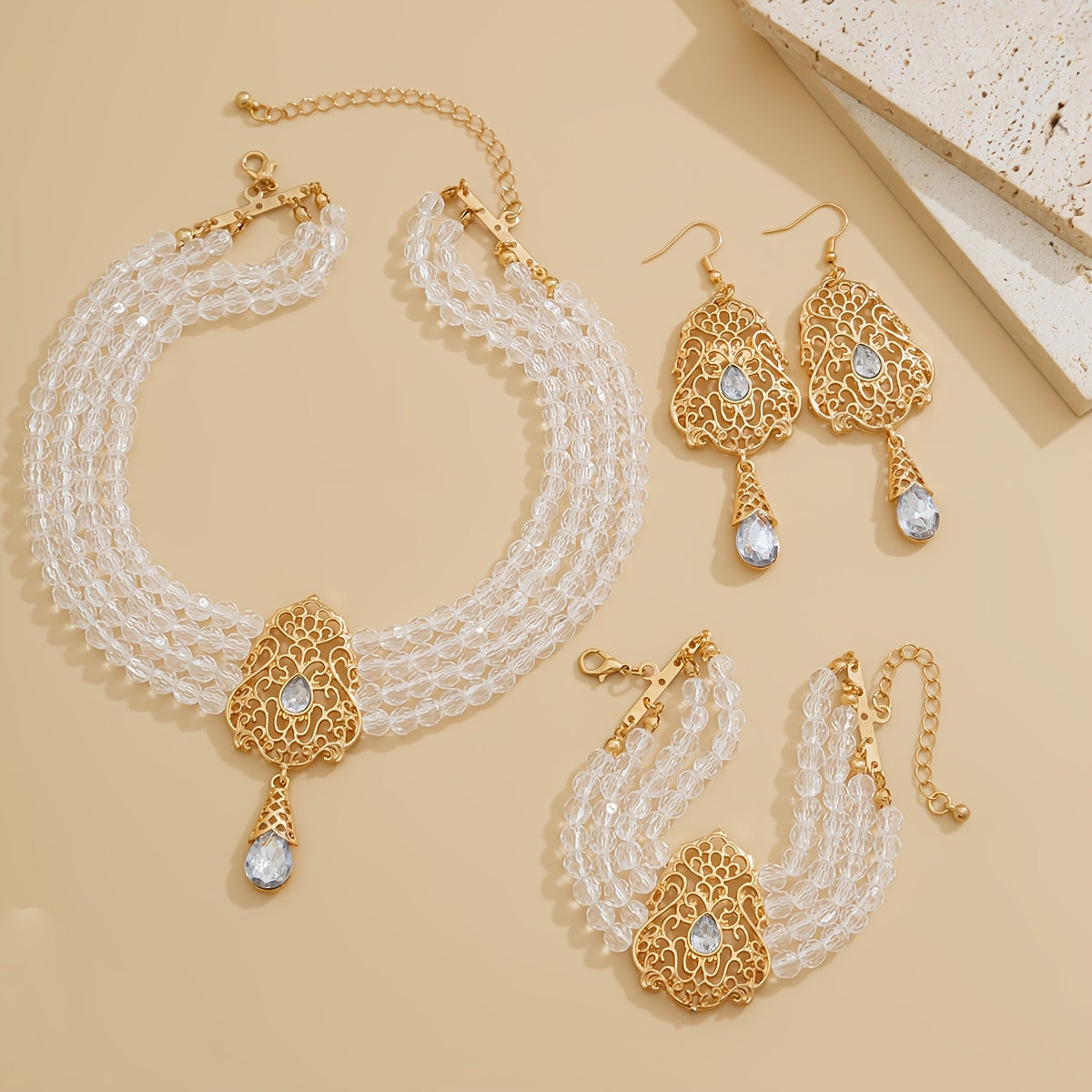 Set of 4 Elegant Crystal Water Drop Jewelry Set for Women Necklace Bracelet Earrings Gold Tone