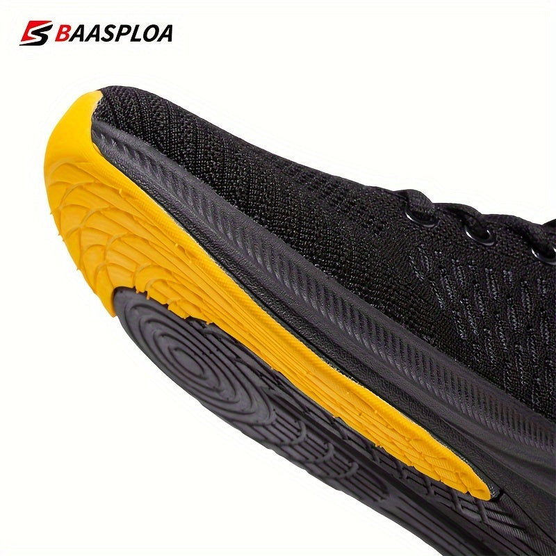 BAASPLOA erkaklar uchun qora va sariq yugurish poyafzallari, nafas oladigan to'r va MD/TPR taglik bilan kundalik va sport maqsadlari uchun.