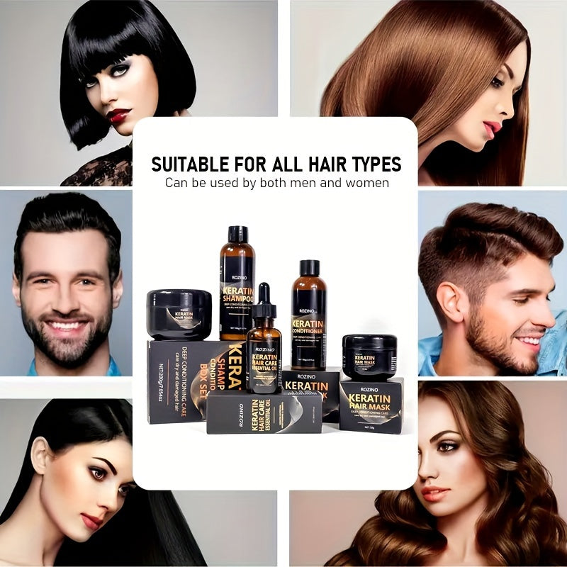 5 ta bo'lakli Keratin soch parvarish to'plami, shampun, konditsioner, soch maskasi va muhim yog' bilan, normal soch uchun
