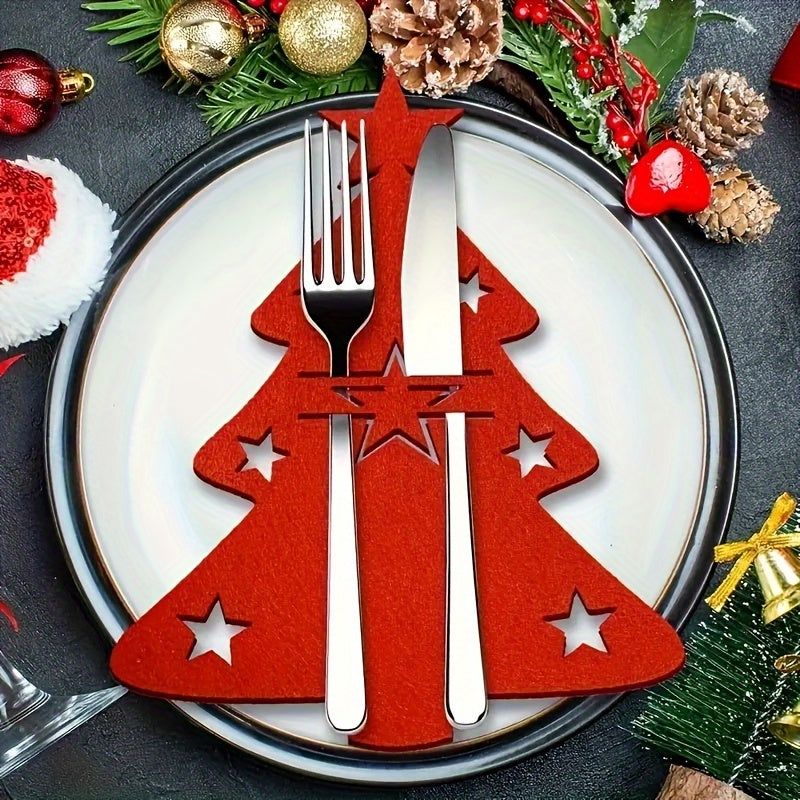 12 Red Christmas Tree Cutlery Holders Felt Star Decorations for Holiday Table Settings
