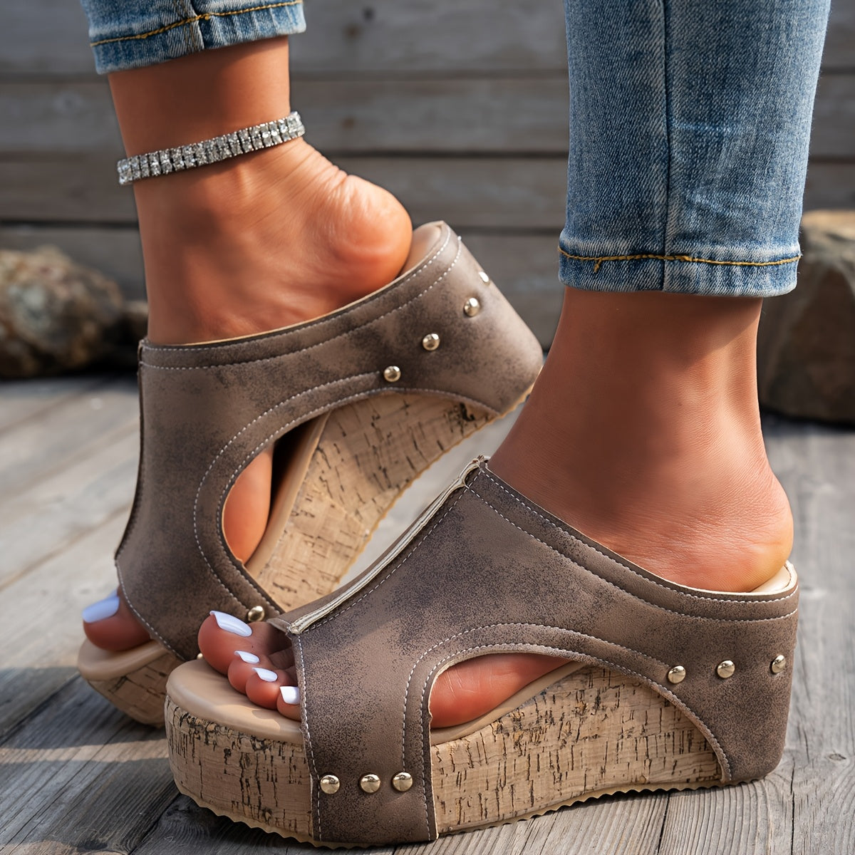 Women's Faux Leather Wedge Sandals Open Toe Slip-On Platform Shoes