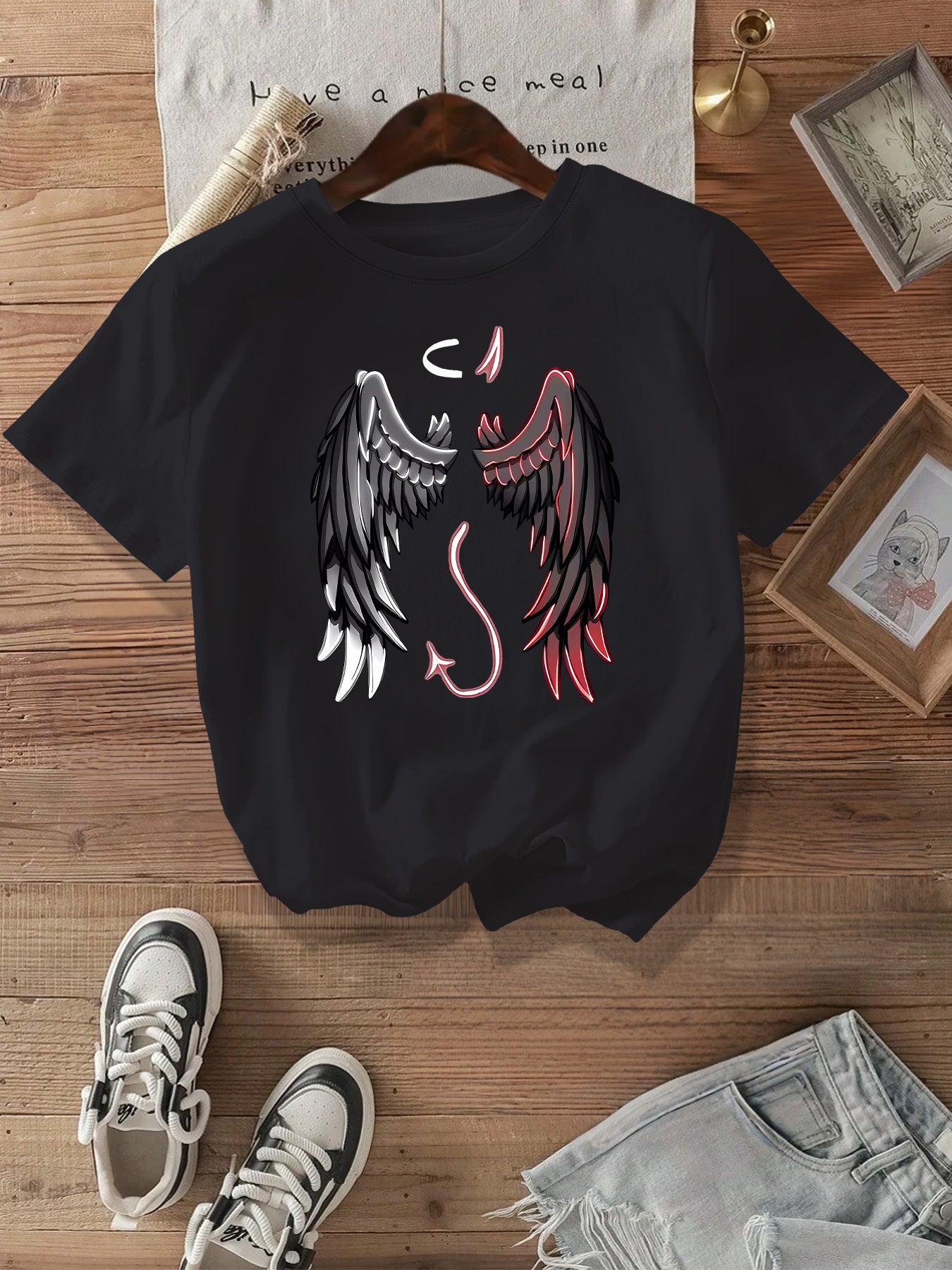 Plus Size Women's Angel & Devil Wings Graphic Print T-Shirt Black Pink Casual Cotton Short Sleeve