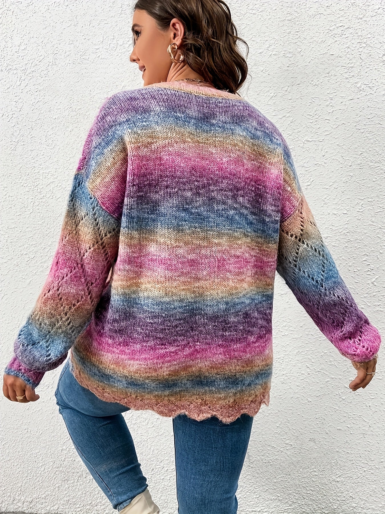 Women's Plus Size Colorful Striped Knitted Sweater with Drop Shoulder