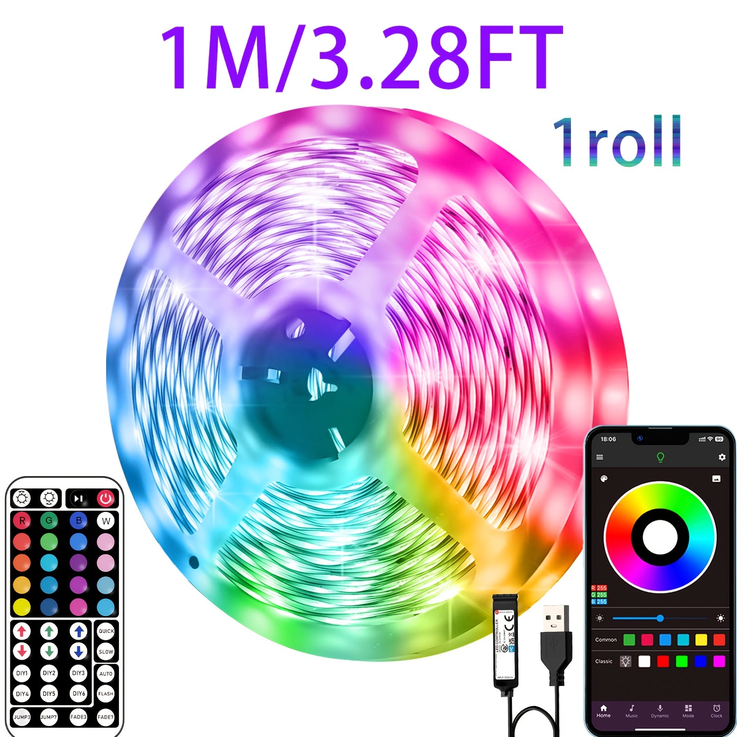 Tira de luces LED RGB de 5V alimentada por USB de 91,44cm a 30,48m con control remoto, aplicación, regulable, cambio de color para dormitorio, sala de estar, fiesta