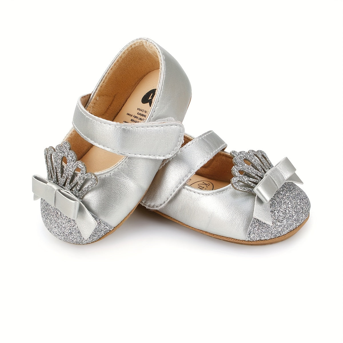 Baby Girl Sequin Crown Shoes with Flexible Rubber Sole and Hook-and-Loop Closure
