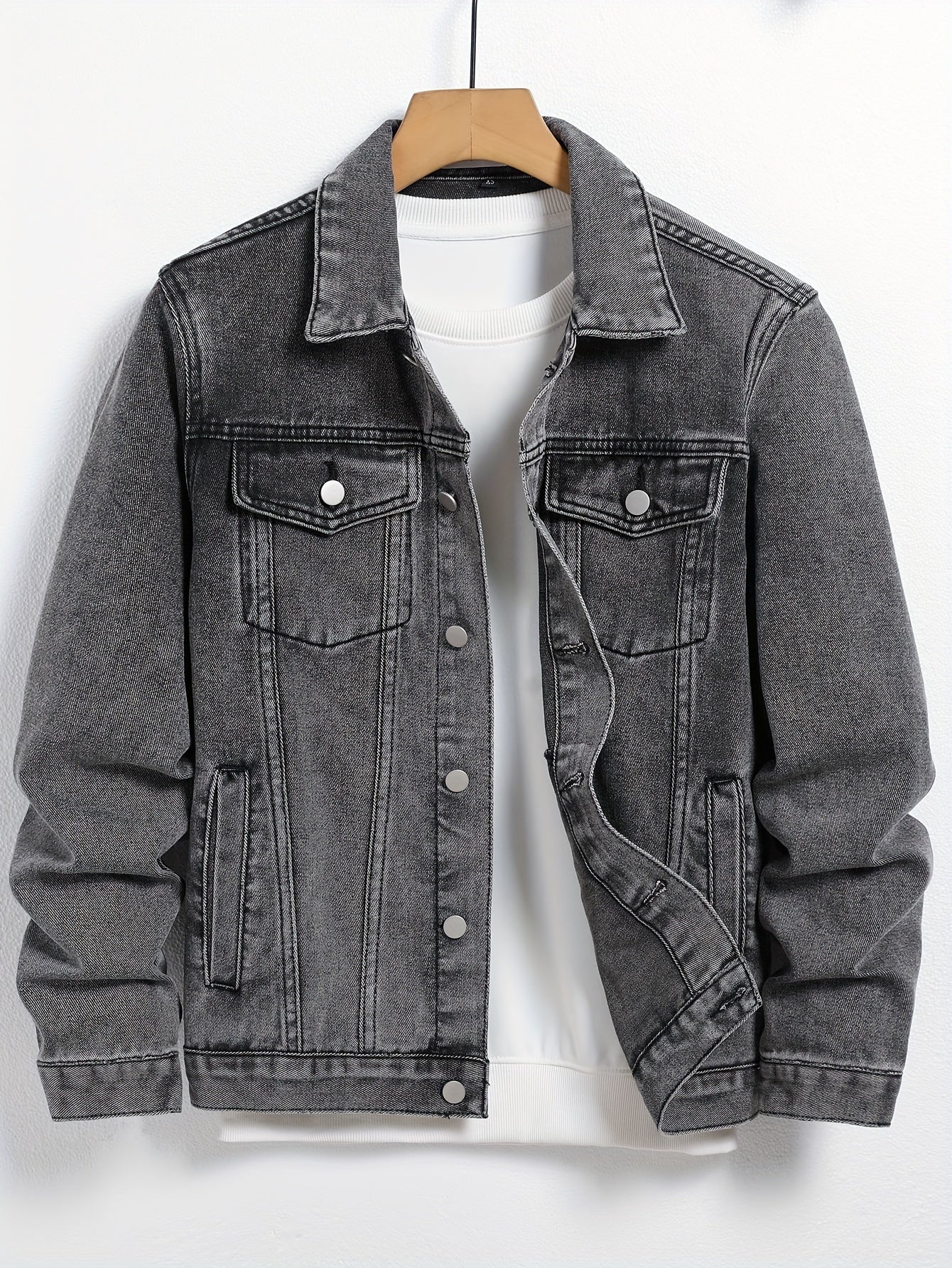 Plus Size Men's Casual Denim Jacket Solid Cotton Blend Regular Fit Lapel Pockets