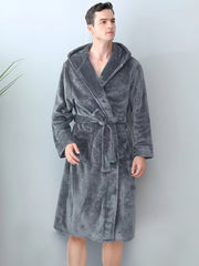 Men's Casual Hooded Robe Set Made of 100% Polyester Knit Fabric with Belt and Pockets