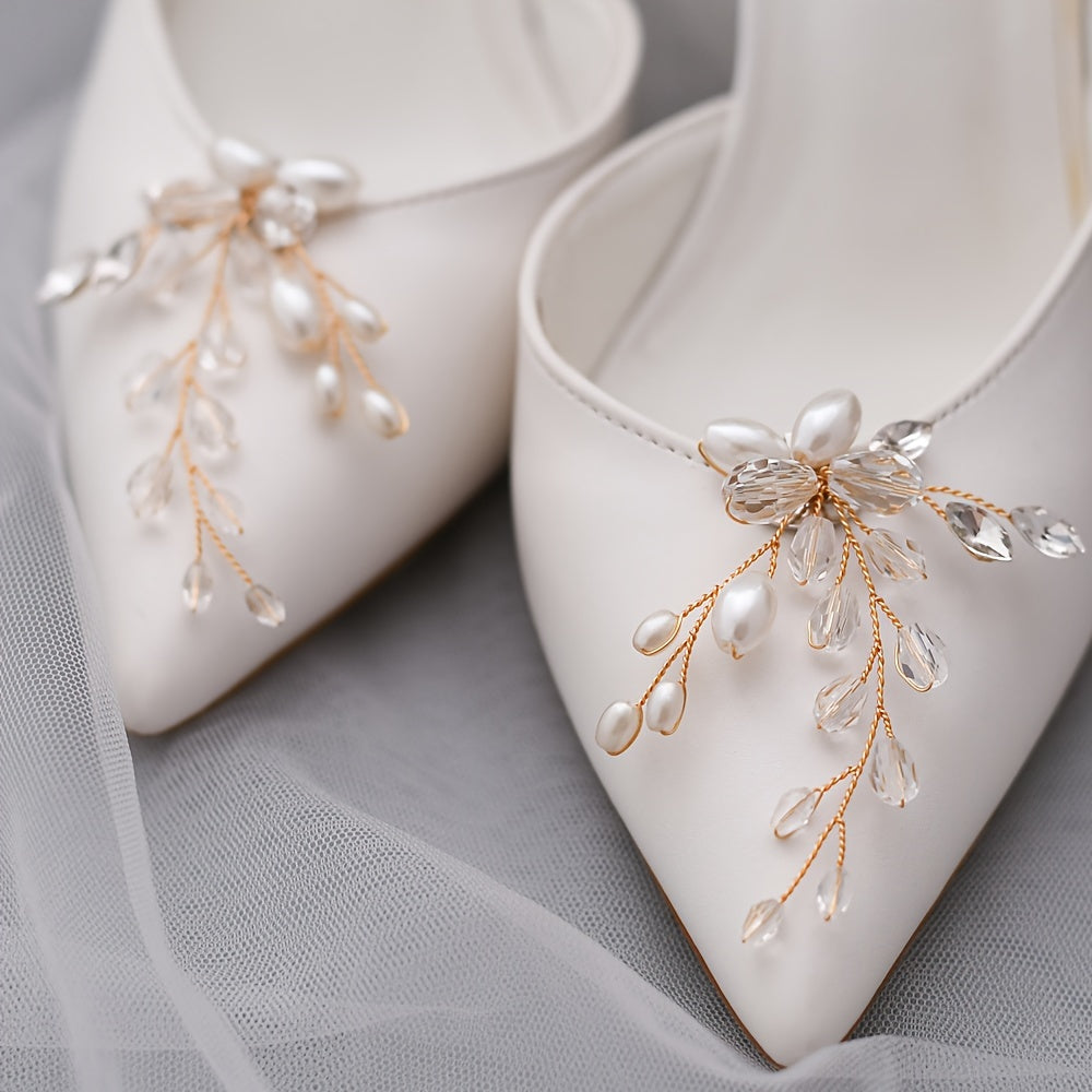 Set of Bridal Pearl Shoe Clips with Floral Beading for Weddings and DIY Decor