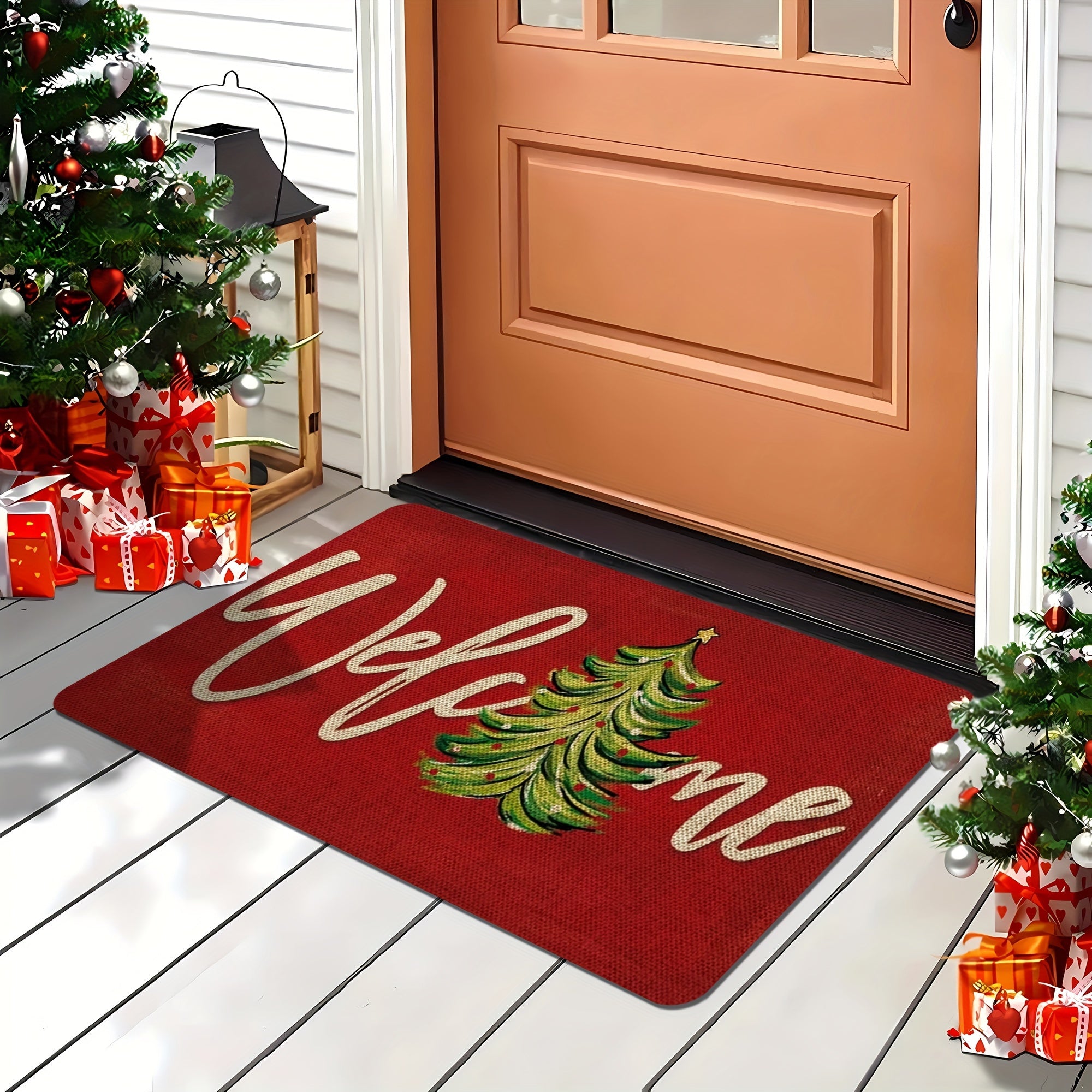 Christmas Doormat Red Polyester Non-Slip Waterproof Stain-Resistant